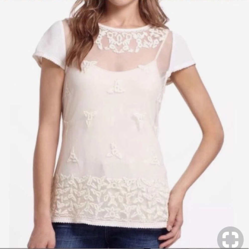 Maeve Sheer Embroidered Tulle Split Back Blouse